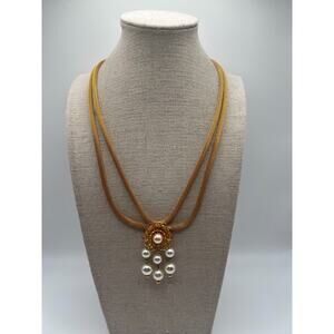 Vintage Gold Mesh Necklace Faux Pearl Drop Multi Strand Statement